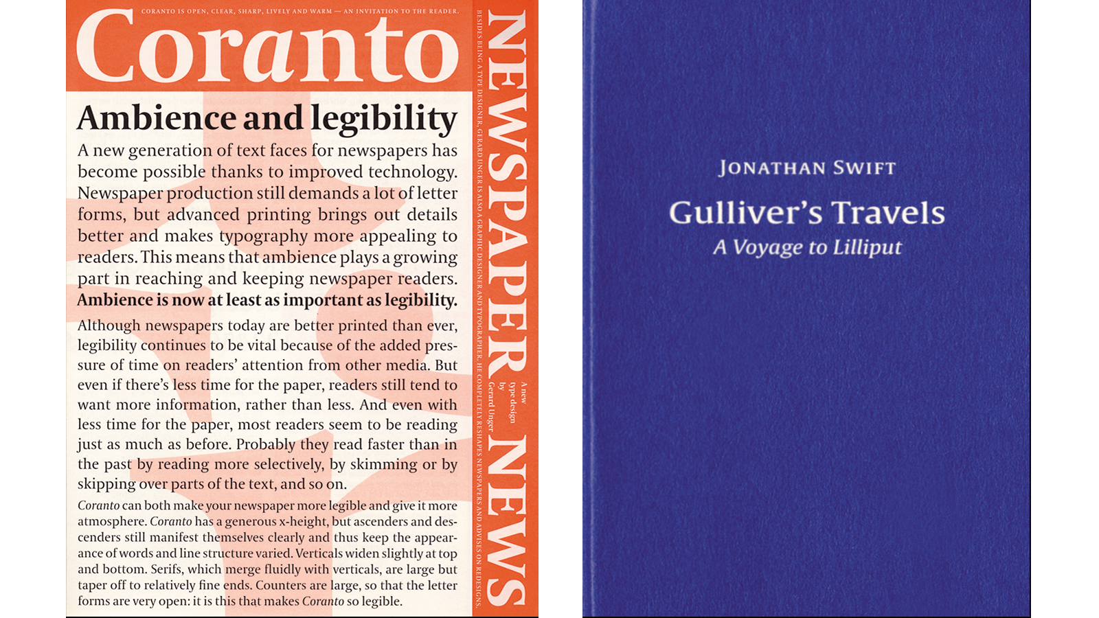 Gerard Unger, leaflet for Coranto and XS booklet for Gulliver